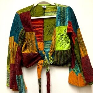 Karma Nepal Bell Sleeve Patchwork Tie Blouse Green 100% Cotton Boho Festival Y2K